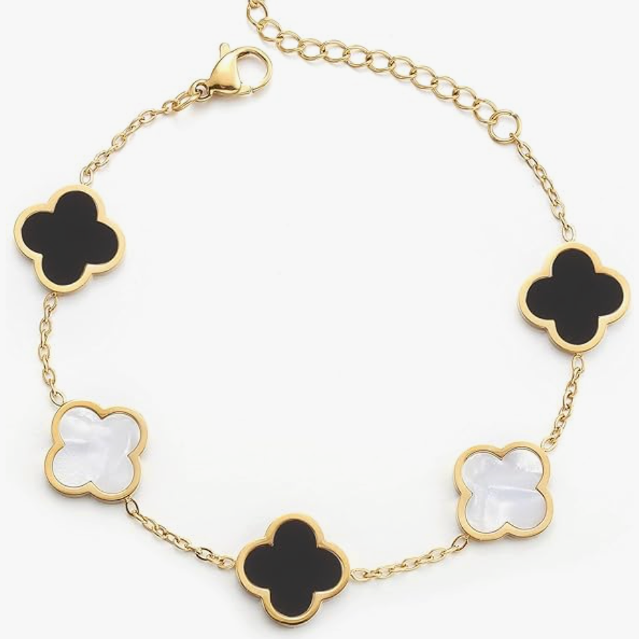 Four-Leaf White and Black Clover Link Bracelet